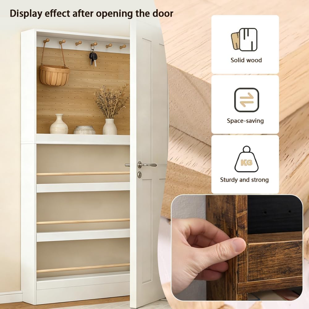 70.1" Tall Behind-The-Door Bookshelf - Open-Shelf Wooden Floor Bookcase with Perforated Board | 4/6/8 Inch, Multi-Purpose Display Storage Organizer White-Wood 31.5×4×70.1"