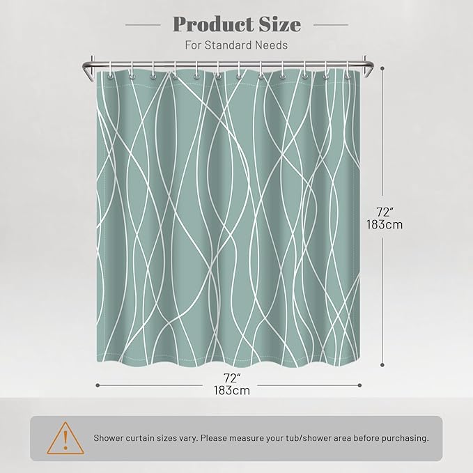Punkray Light Green Shower Curtain for Bathroom with Hooks Shower Curtain Set, White Stripe Bath Curtains Decorative Shower Curtains Water Repellent Washable, 72 x 72