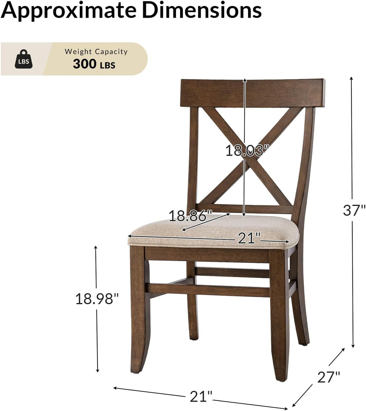 Farmhouse Upholstered Dining Chairs Set of 2, Walnut | Wooden Kitchen Chairs with Solid Wood Legs, Soft Cushion, Cross-Back Design, for Living Room Dining Room