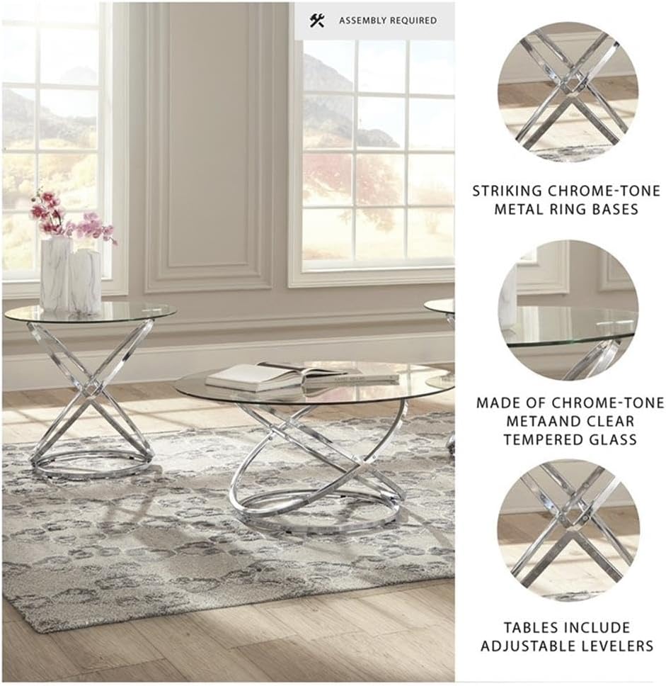 BOWERY HILL Modern 3-Piece Coffee Table Set, Glass Top with Chrome Metal Rings, Includes 1 Coffee Table and 2 End Tables, Adjustable Levelers, Tempered Glass, Contemporary Living Room Furniture