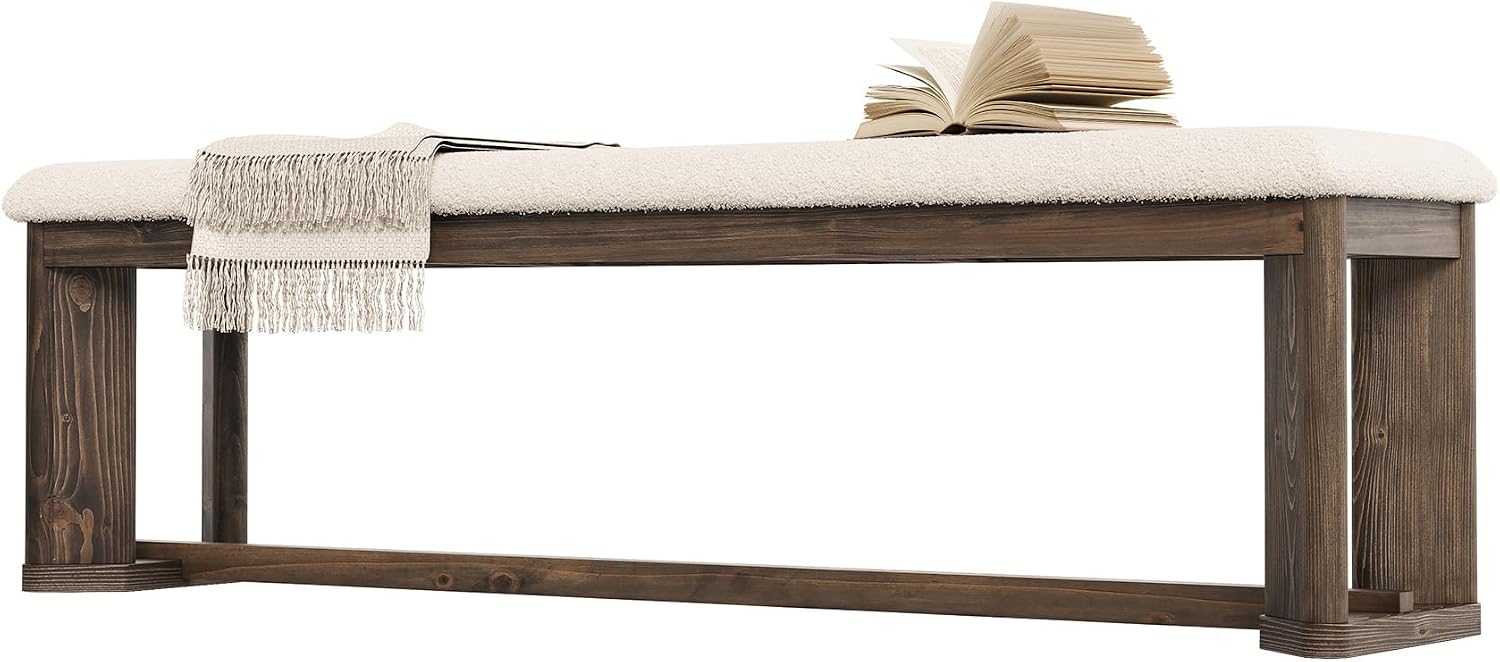 LITTLE TREE 63" Upholstered Bench, Solid Wood Entryway Shoe Bench with Cushion, Long Modern Farmhouse End of Bed Bench with Antique Brown Legs & Faux Lamb Fur Seat for Bedroom, Living Room, Dining