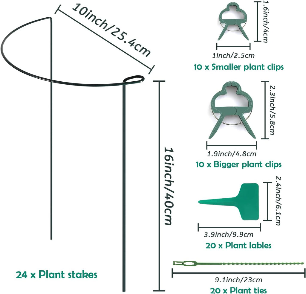 24 Pack Plant Support Stake, Half Round Metal Garden Plant Stake, Green Plant Support Ring, Border Support with Plant Lables & Plant Clips for Outdoor Indoor Plants, Vegetable, Flowers