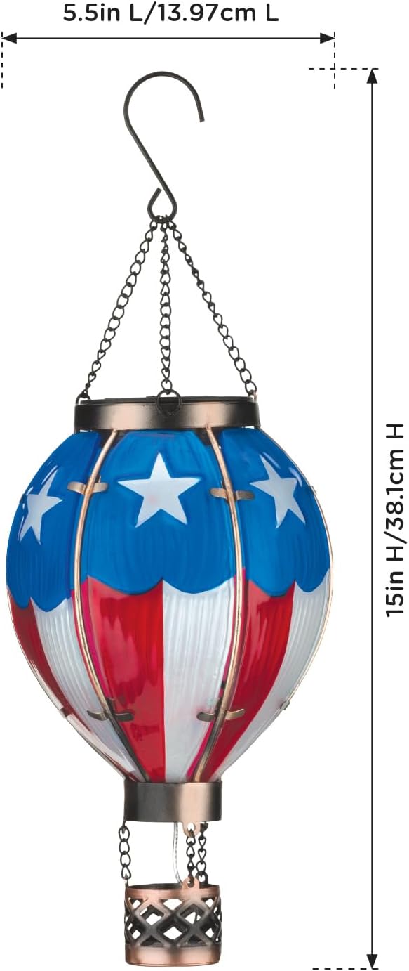 Regal Art & Gift Hot Air Balloon Solar Lantern – Hanging Solar-Powered LED Lights, Waterproof Portable Decorative Outdoor Lamp Made of Metal & Glass for Garden, Patios & Pathway – Americana (Small)
