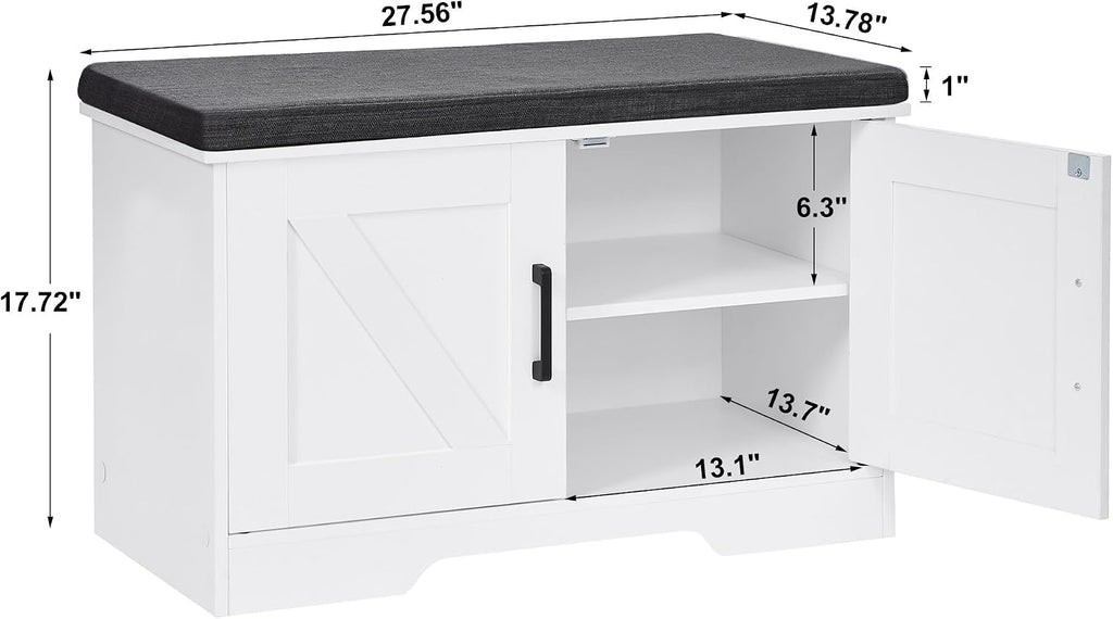 HOMSHO Farmhouse Shoe Storage Bench with 2 Barn Doors & Padded Seat Cushion | 27.6" Wide Entryway Bench with Adjustable Shelves & Hidden Storage, White