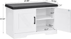 HOMSHO Farmhouse Shoe Storage Bench with 2 Barn Doors & Padded Seat Cushion | 27.6" Wide Entryway Bench with Adjustable Shelves & Hidden Storage, White