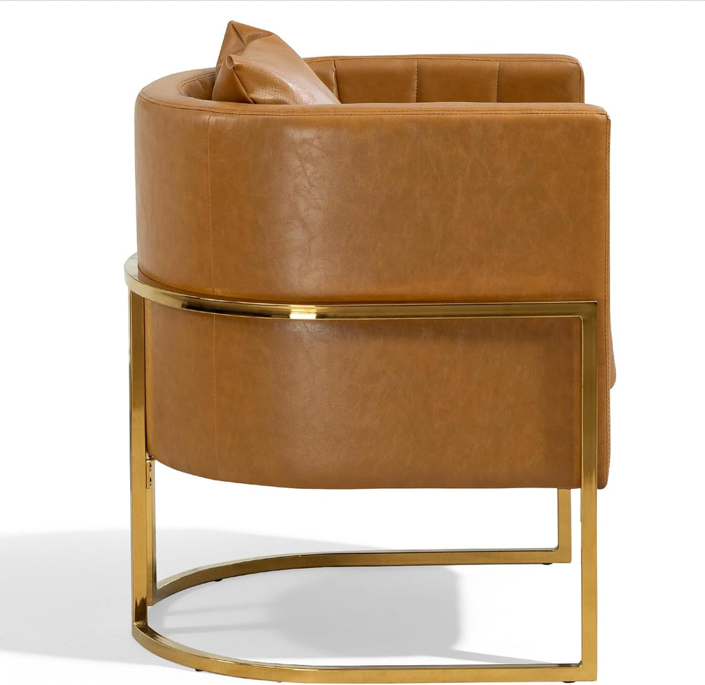 Leather Accent Chairs Set of 2, Mid Century Modern Upholstered Barrel Armchair with Pillow for Living Room, Comfy Single Vanity Chair with Metal Gold Legs for Bedroom, Orange
