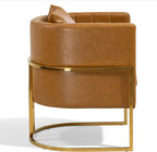 Leather Accent Chairs Set of 2, Mid Century Modern Upholstered Barrel Armchair with Pillow for Living Room, Comfy Single Vanity Chair with Metal Gold Legs for Bedroom, Orange