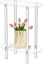 Modern Clear Acrylic Narrow Side Table for Small Spaces, 15.55" L x 7.87" W x 19.68" H, 2 Tier Oval End Table Nightstand, Small Bedside Table for Bedroom, Bathroom, Living Room(Oval)