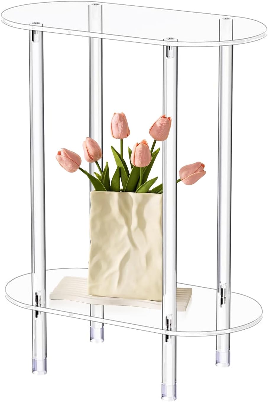 Modern Clear Acrylic Narrow Side Table for Small Spaces, 15.55" L x 7.87" W x 19.68" H, 2 Tier Oval End Table Nightstand, Small Bedside Table for Bedroom, Bathroom, Living Room(Oval)