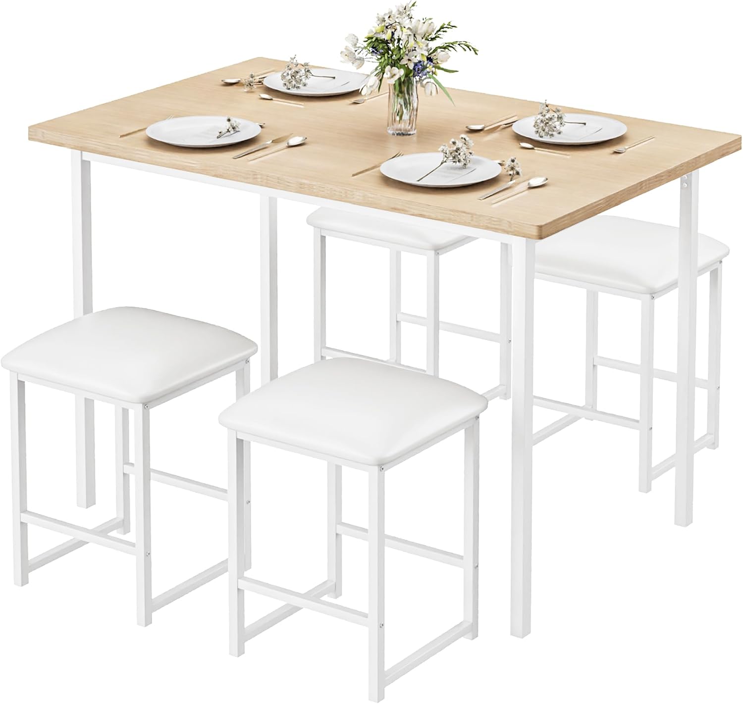 VECELO Dining Table and Faux Leather Chairs Set for 4, Oak | Kitchen table and chairs set for 4, Faux leather stools, Wood tabletop, Sturdy metal frame, Space-saving, Easy assembly