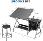Drafting Table for Adults/Artists, Drawing Desk, Tabletop Adjustable Art/Craft Desk with Stool and 3 Slide Drawers, Sketching Painting Artwork Station for Art Studio Home Office School
