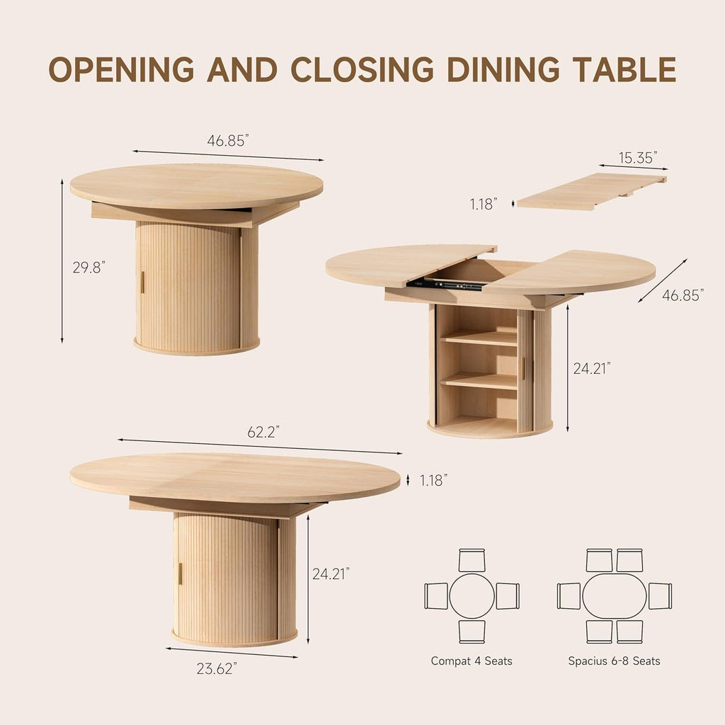 Extendable Round Dining Table: 47″–63″ Kitchen Table for 4 6 8 with Dust-Proof 2-Tier Storage Shelf Space Saving, Modern Farmhouse Expandable Wood Oval Circle Dinner Furniture with Pedestal Base