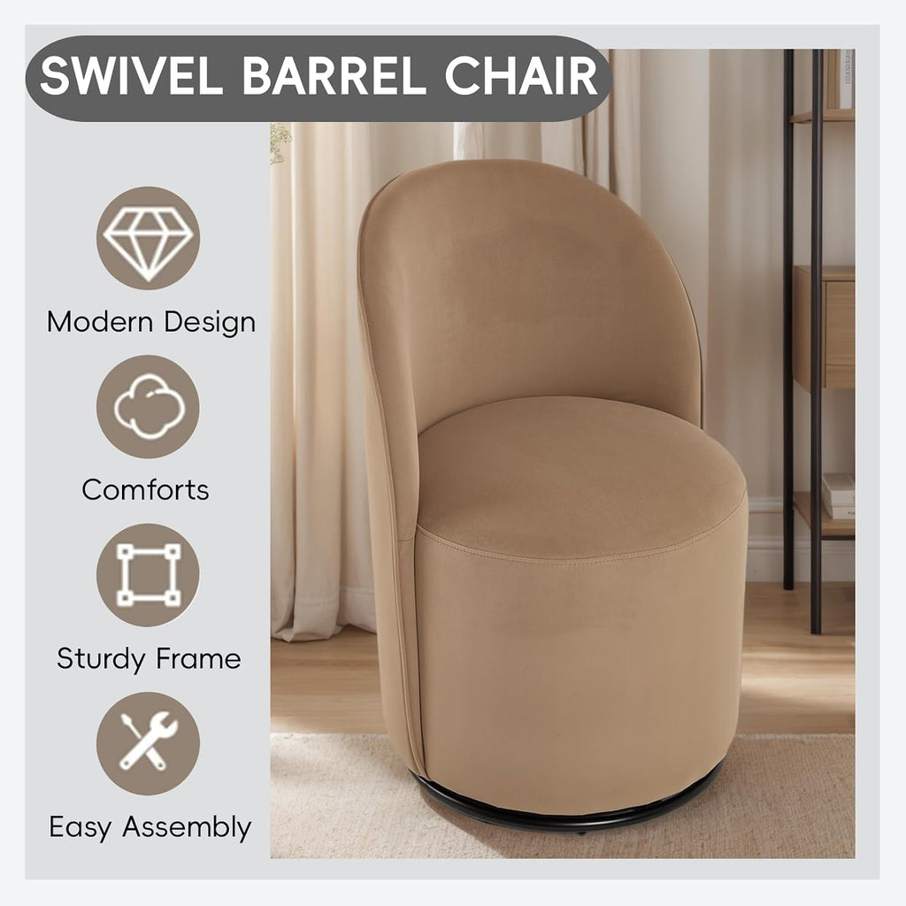 360 Degree Swivel Barrel Chair Set of 2, Mid Century Modern Round Velvet Dining Chair Comfy Upholstered Accent Chair Makeup Vanity Side Chair for Kitchen & Dining Room Living Room Bedroom (Brown)
