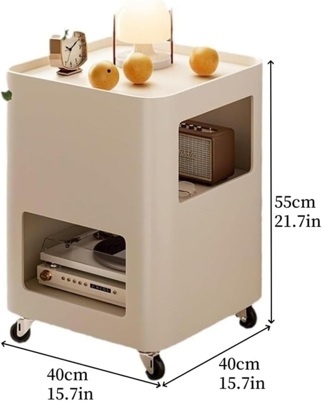 Cream Style Side Table with Wheels Mobile TV Tray Cart Square Bedside Table with Storage Trolley Couch Table for Living Room Long-Lasting(White)