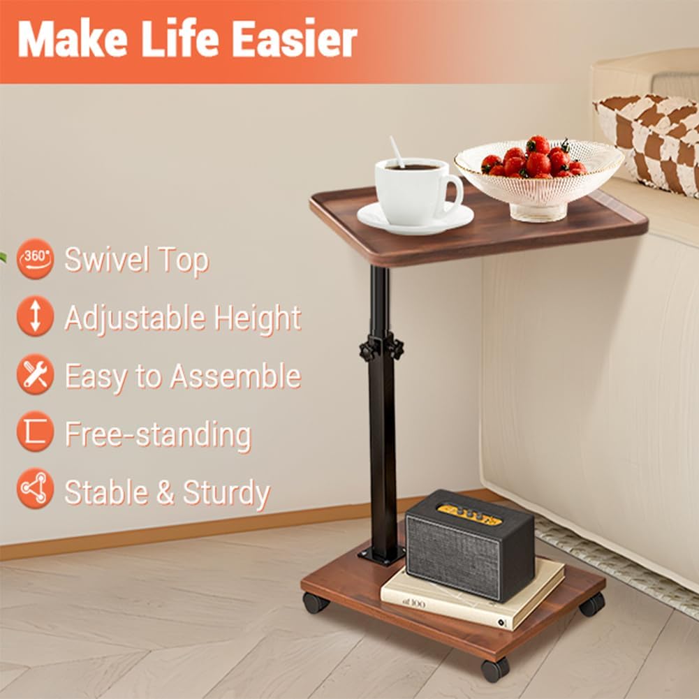 C Shaped End Table Adjustable Height, 360°Swivel TV Tray Table for Small Spaces, Couch Tables That Slide Under, c Shaped Side Tables with Wheels