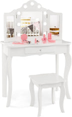 HONEY JOY Kids Vanity Set with Lighted Mirror, 2 in 1 Princess Toddler Dressing Table w/Tri-Fold Mirror & Drawer, Wooden Makeup Table & Chair Set, Pretend Play Vanity Set for Little Girls (White)