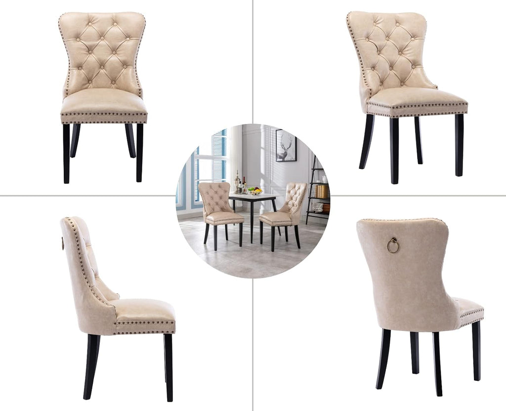EALSON Modern Dining Chairs Set of 8 Mid Century Leather Dining Room Chairs with Wood Legs Tufted Upholstered Kitchen Side Chairs with Nail Head Trim for Dining Room/Living Room, Beige with Ring