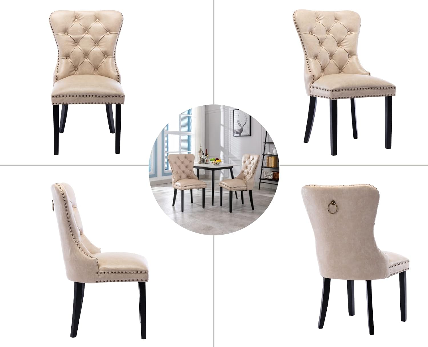 EALSON Modern Dining Chairs Set of 8 Mid Century Leather Dining Room Chairs with Wood Legs Tufted Upholstered Kitchen Side Chairs with Nail Head Trim for Dining Room/Living Room, Beige with Ring