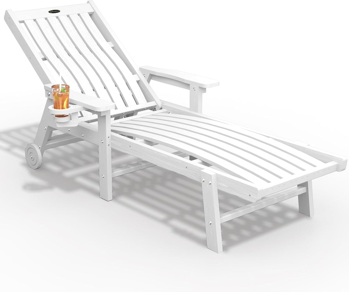 THOEOE Patio Chaise Lounge Chair,HDPE Lounge Chair Outdoor with Wheels | Oversized pool lounge chairs with cup holder, 5 adjustable position for patio,outside,pool,deck