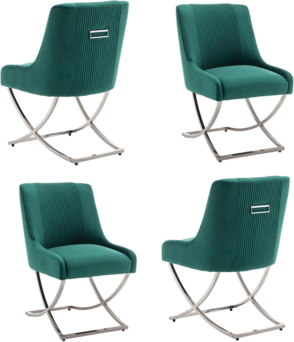 Kitchen Dining Chairs Set of 4,Accent Modern Upholstered Velevt,Contemporary Tufted Metal Chairs with X-Shaped Sliver Legs for Dining Room,Living Room, Reception Room(Dark Green)