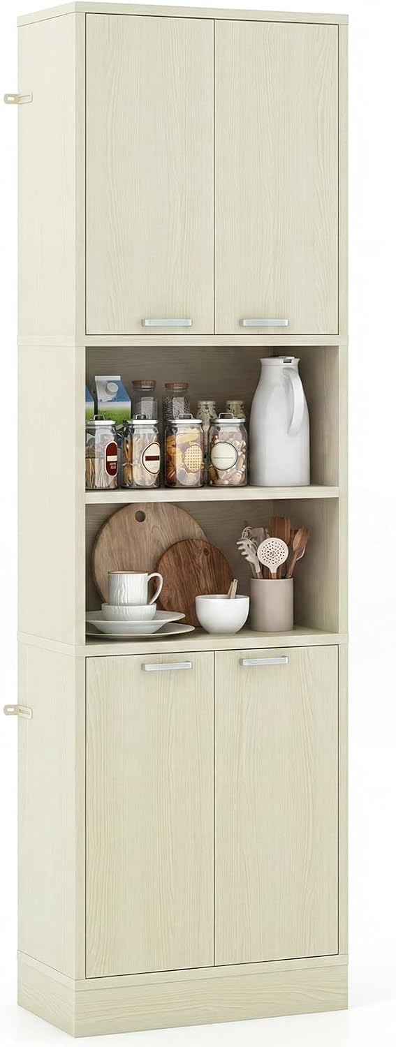 Giantex Kitchen Pantry Cabinet, 75'' Tall Freestanding Cupboard with Doors & Shelves, Safety Hinges & Anti-Tipping Devices, Storage Sideboard for Dining Room, Living Room (Light Oak)
