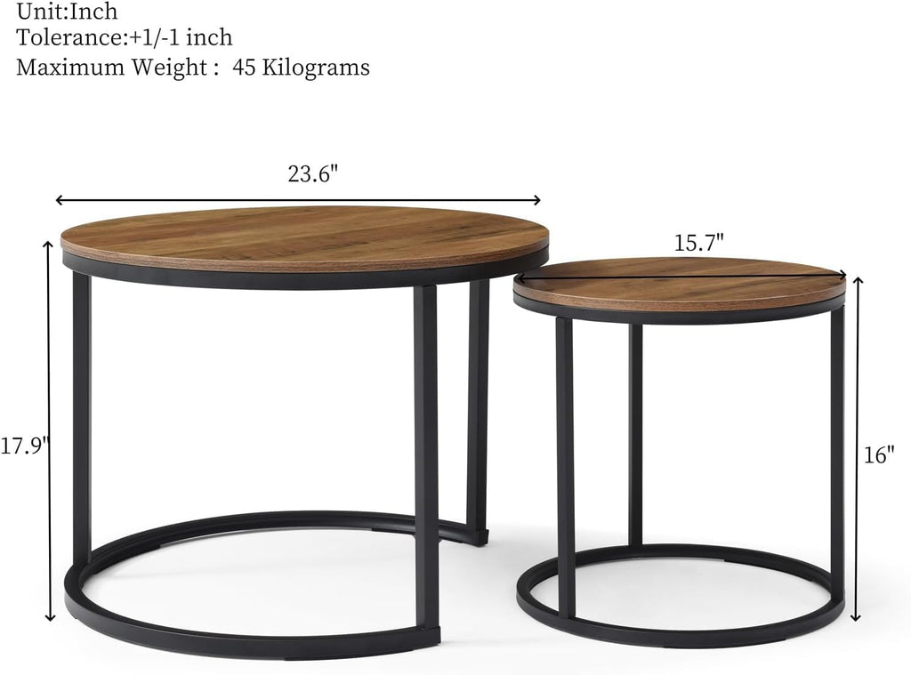 Nesting Coffee Table Set of 2, Steel Frame Circular Round Table Set, Modern Round Side Table with Non-Slip feet, Faux Marble End Tables for Living Room, Bedroom, Balcony (Walnut)