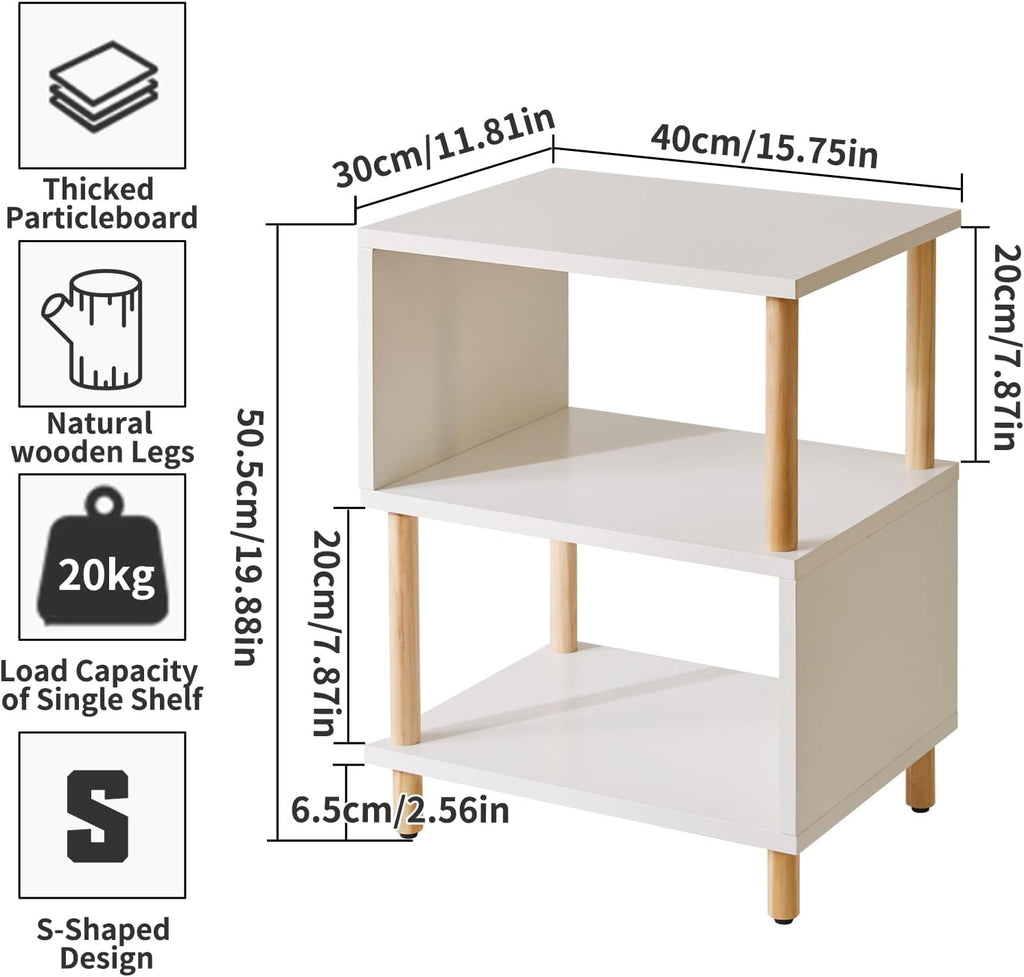Aibiju White Night Stand with Open Storage Shelf, Wood Nightstand S Shape, Bed Side Table 3 Tier 20 inch high, End Table White/Natural Wood YD-TM152W