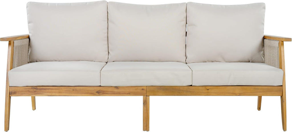 Christopher Knight Home Outdoor 3 Seater Patio Sofa with Acacia Wood Frame and Rope Weave Design, Cushioned Garden Couch with Removable Covers for Patio Deck Balcony, Teak and Beige
