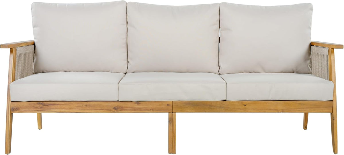 Christopher Knight Home Outdoor 3 Seater Patio Sofa with Acacia Wood Frame and Rope Weave Design, Cushioned Garden Couch with Removable Covers for Patio Deck Balcony, Teak and Beige
