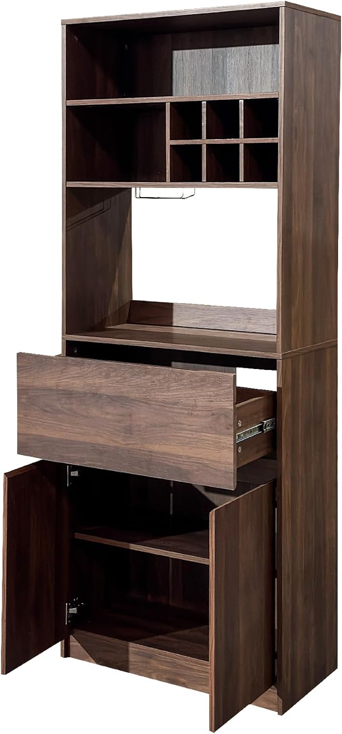 KEIKI 70.87" H Tall Kitchen Pantry Wine Bar Storage Cabinet with Countertop, Wine Rack, Glass Holder, Drawers, Wood Freestanding Hutch Food Pantries Cupboard for Coffee, Dining Living Room