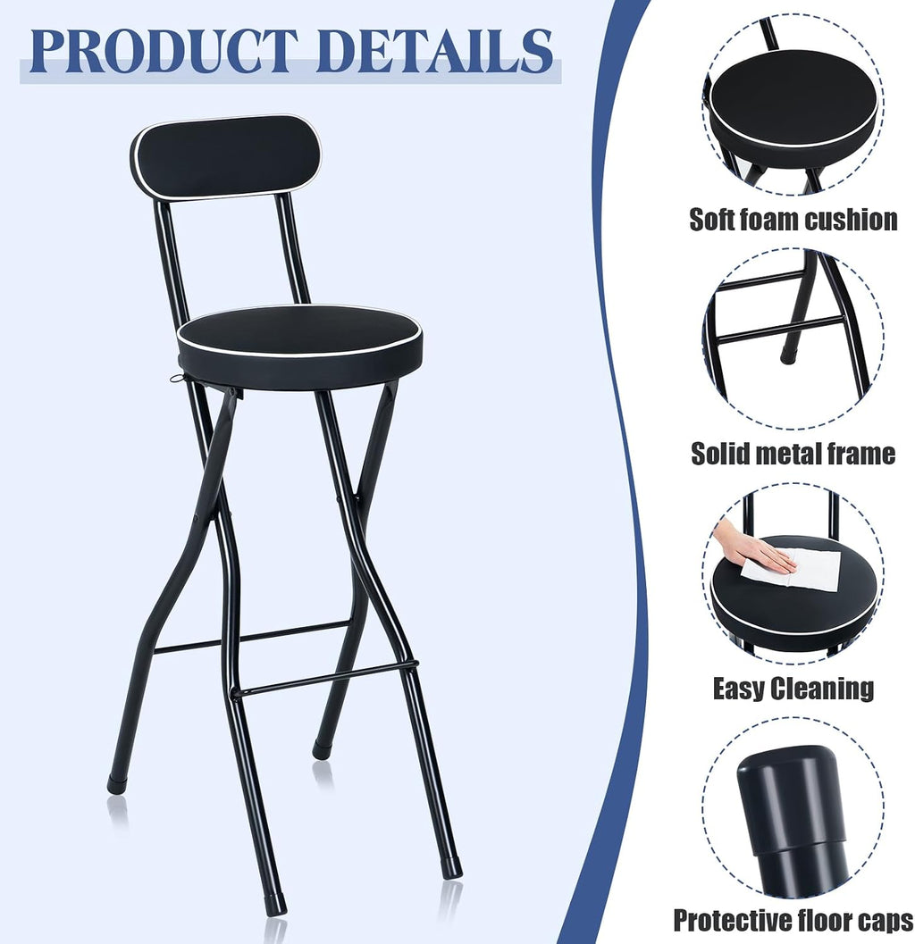 Thyle 1 Pcs 29.5 Inch Folding Bar Stool with Backrest Tall Foldable Stool Chair with Cushioned Padded Portable Collapsible Counter Height Chair for Kitchen Island Shop Cafe Dining Room