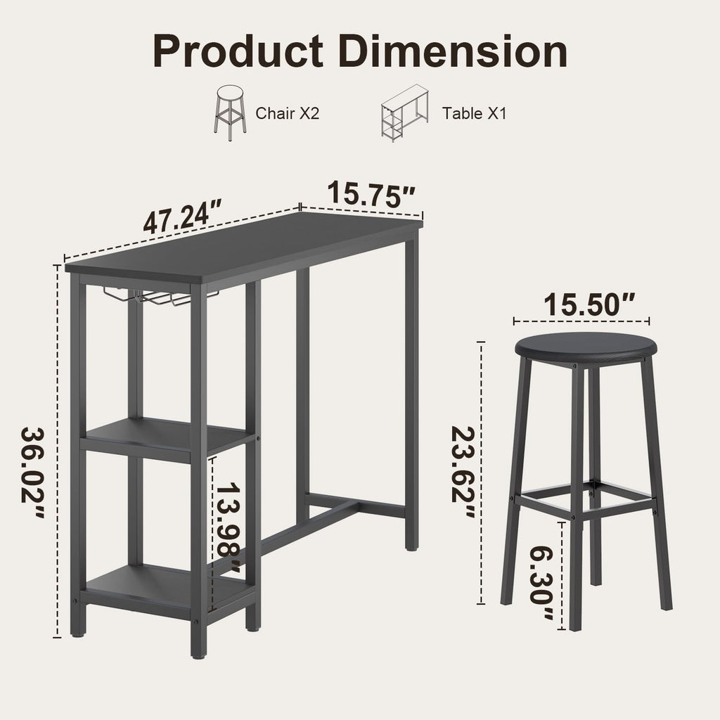 Qsun Small Bar Table Set for 2 | Kitchen Table for 2 with 2 Storage Shelves & Wine Glass Holder, Dining Table for Small Apartment, Dining Room