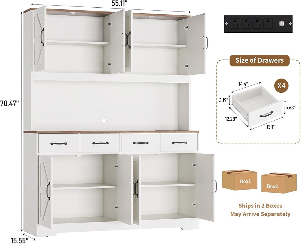 71'' Tall Pantry Cabinet with Charging Station, Large Modern Pantry Storage Cabinet with Adjustable Shelves, 4 Drawers & 4 Cabinets, 41'' Wide Kitchen Hutch with Countertop for Dining Room, White