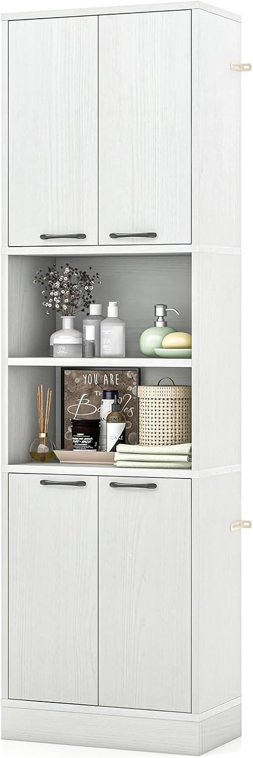 TANGZON 190CM Tall Kitchen Cupboard, 4-Door Storage Cabinet with Enclosed Cabinets, Open Compartments & Anti-tipping Kits, Freestanding Wooden Tall Sideboard for Pantry Dining Living Room (White Oak)