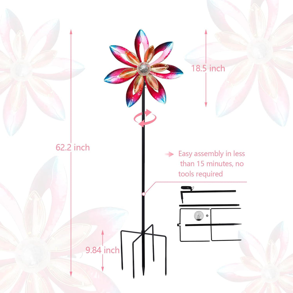 MUMTOP Wind Spinner Outdoor Large, 62 Inch Metal LED Solar Wind Sculptures Windmill for Yard Art, Garden Decor