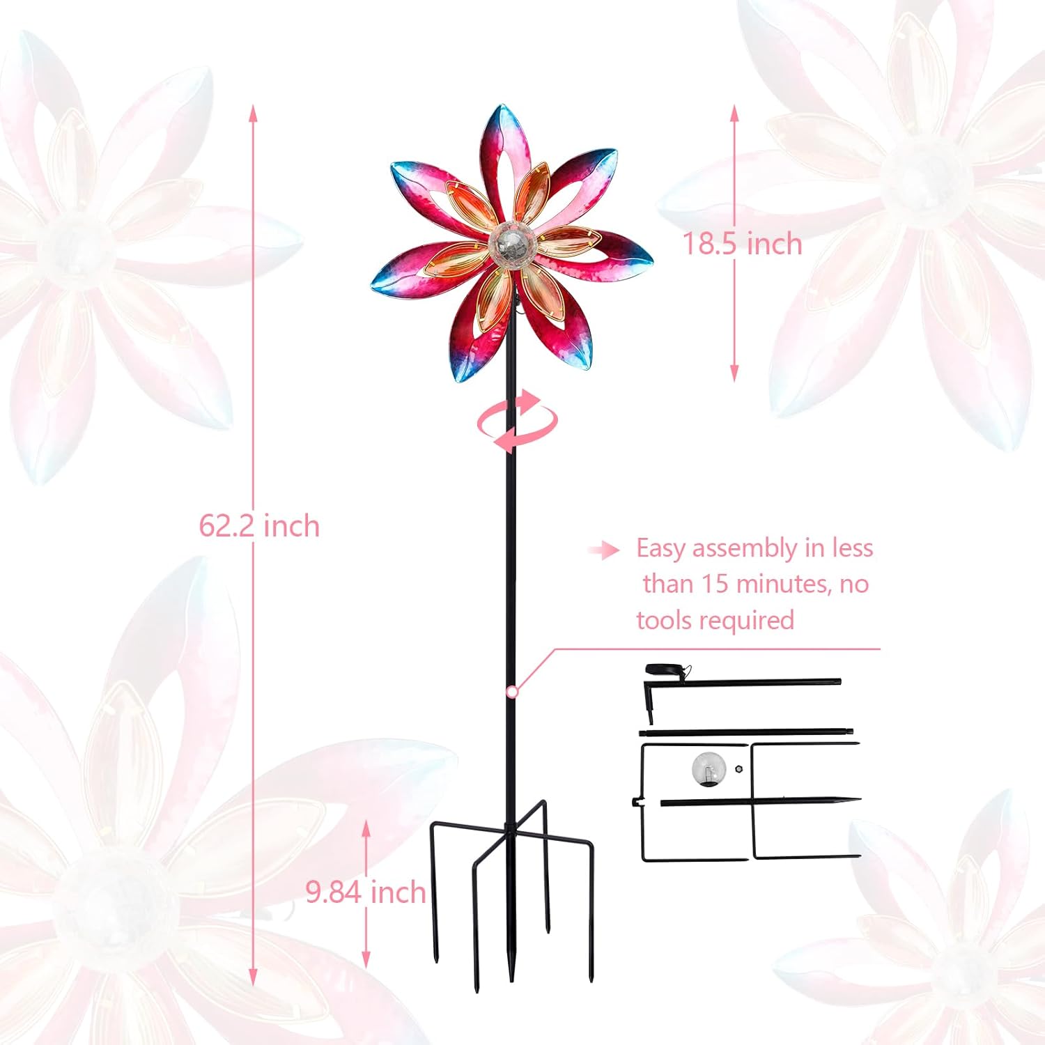 MUMTOP Wind Spinner Outdoor Large, 62 Inch Metal LED Solar Wind Sculptures Windmill for Yard Art, Garden Decor