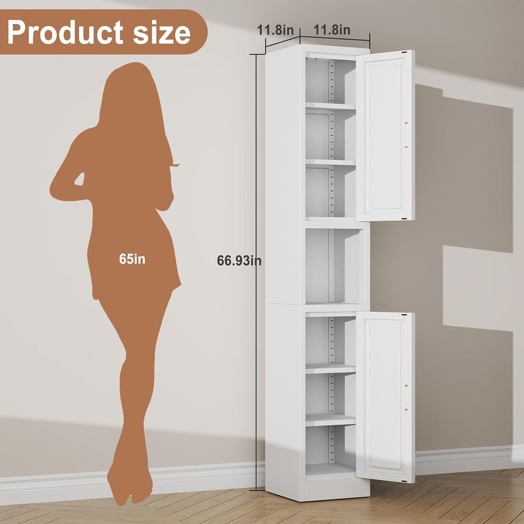 Tokawa 67" Tall Narrow Pantry Cabinet, 12 Inch Wide Kitchen Metal Storage Cabinets with Breathable Mesh Doors, Slim Bathroom Storage Cabinet with 4 Adjustable Shelves, White