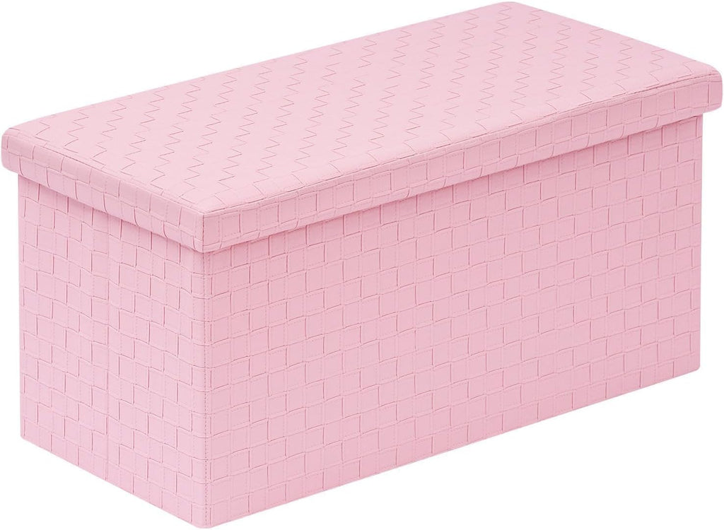 B FSOBEIIALEO Folding Storage Ottoman Bench, 30" Faux Leather Ottomans,Pink | Large Ottoman Foot Rest Padded Seat, Long Storage Bench Chest Box for Bedroom Living Room Hallway