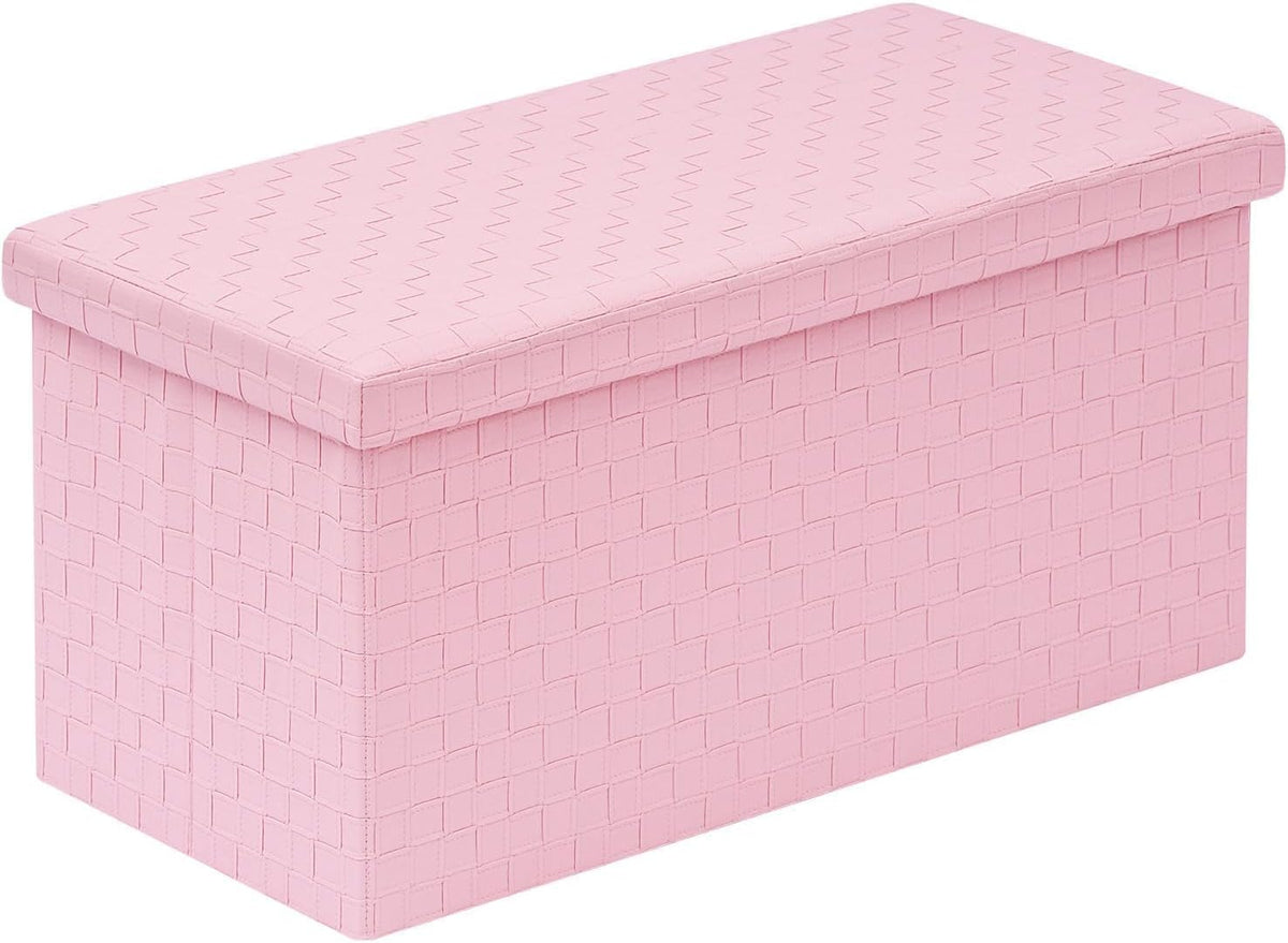 B FSOBEIIALEO Folding Storage Ottoman Bench, 30" Faux Leather Ottomans,Pink | Large Ottoman Foot Rest Padded Seat, Long Storage Bench Chest Box for Bedroom Living Room Hallway