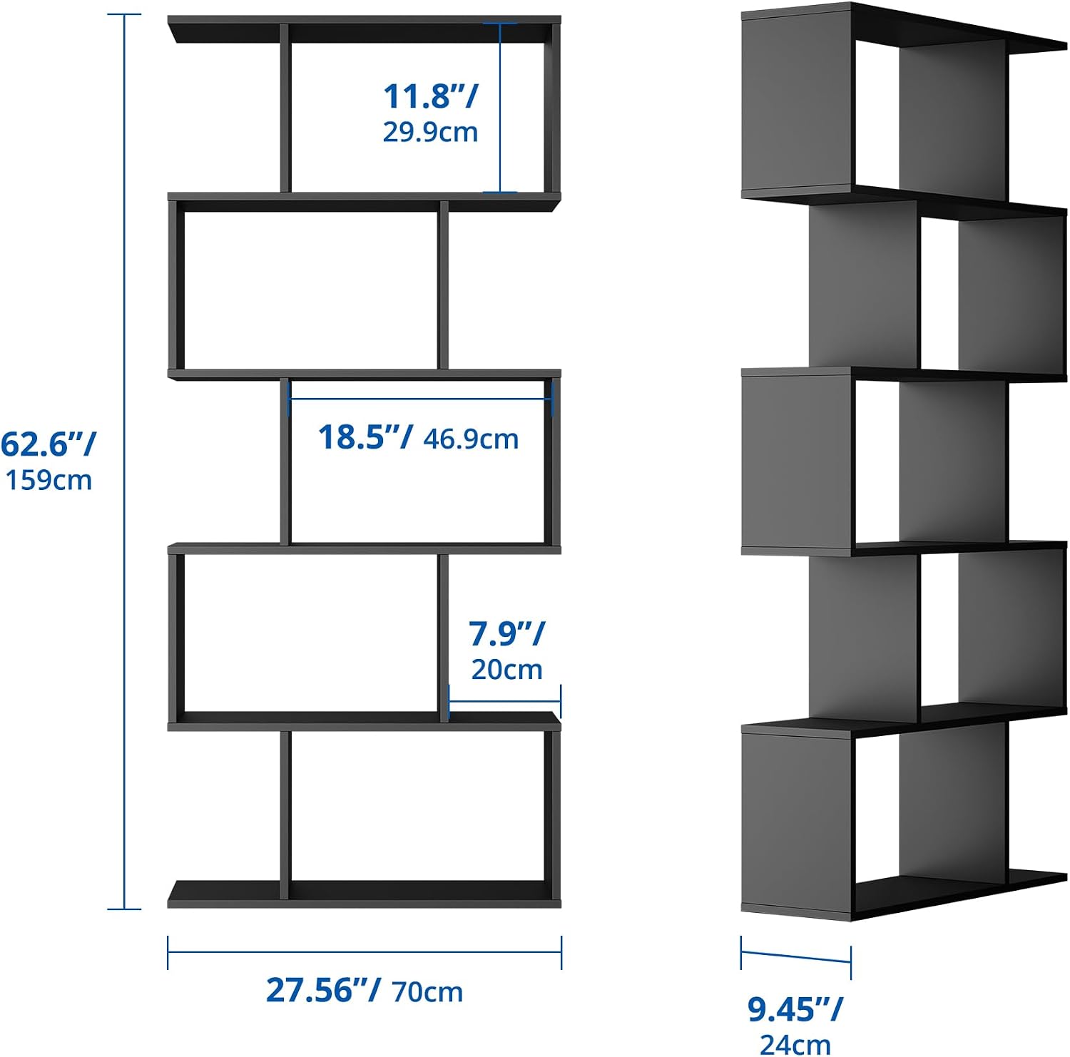 Cozy Castle Set of 2 Geometric Bookcase, S-Shaped Modern Bookshelf, Room Divider Bookshelf, 62" Tall Unique Abstract Bookcase with 5-Tier Display Shelf for Living Room Office, Black