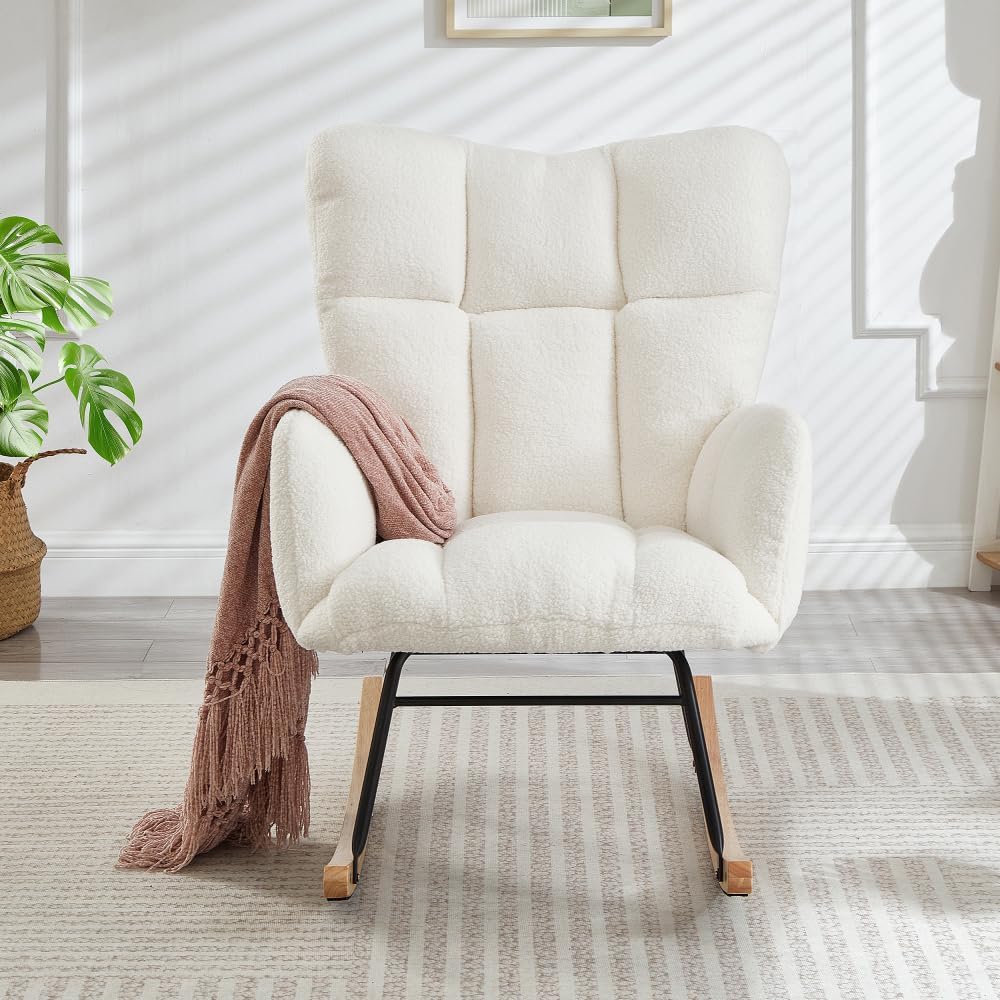 Glider Chair for Living Room Tufted Upholstered Teddy Fabric Rocking Chair with Metal Frame,Pink (Ivory + Teddy)