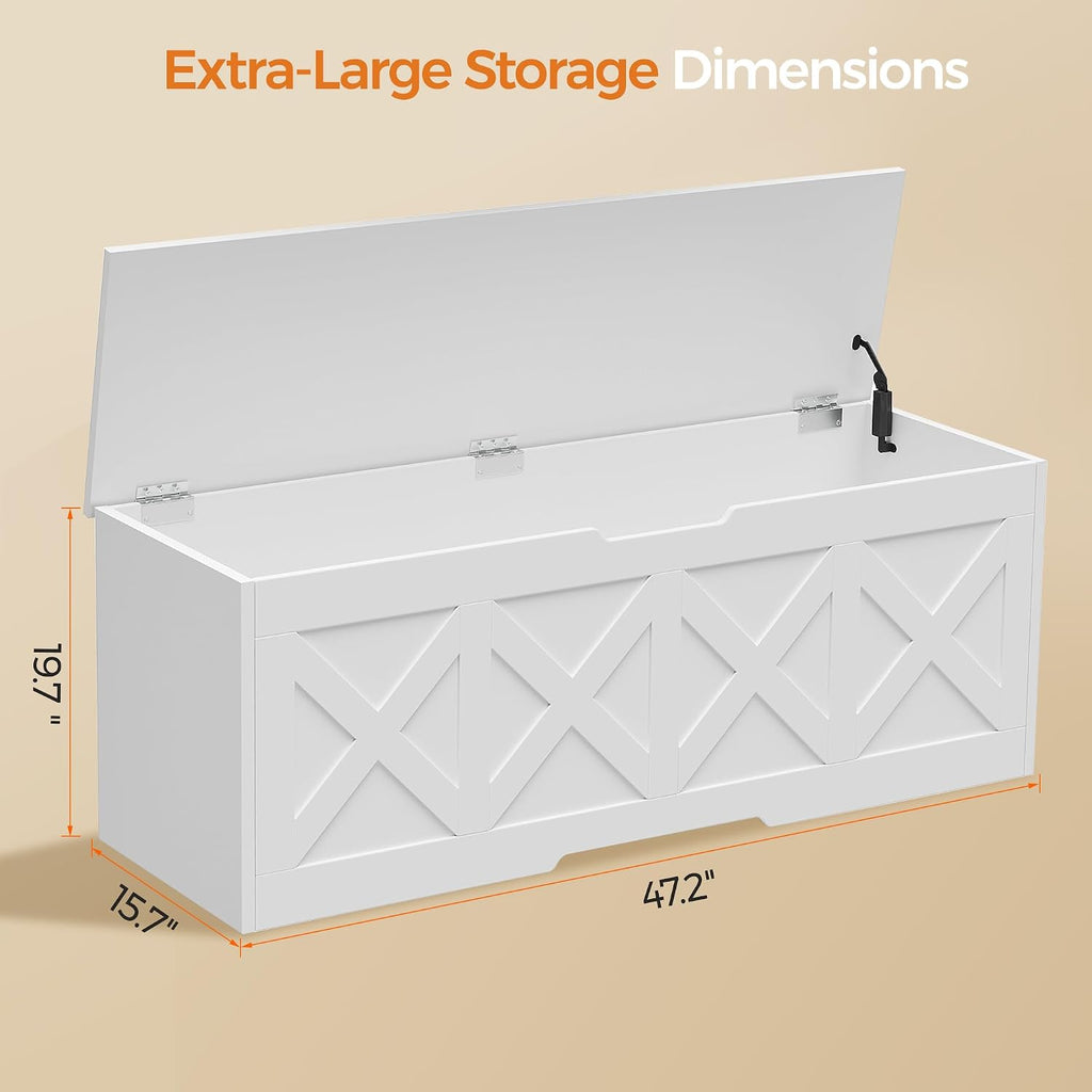 Homleke 47.2" Extra-Large Wooden Storage Chest, Farmhouse Storage Bench | with Safety Hinge, Easy Assembly, for Bedroom, Living Room & Entryway, White