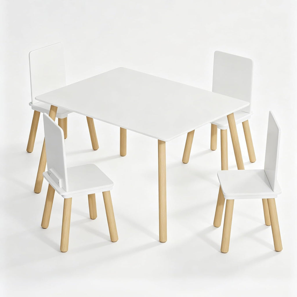 Table & 4 Chairs Set is for Boys Girls, 5-Piece Wooden Activity Table Set with Solid Wood Legs, Boys Girls Play Table & Chair Set for Drawing, Reading, Learning & Dining, White+Natural