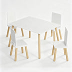 Table & 4 Chairs Set is for Boys Girls, 5-Piece Wooden Activity Table Set with Solid Wood Legs, Boys Girls Play Table & Chair Set for Drawing, Reading, Learning & Dining, White+Natural