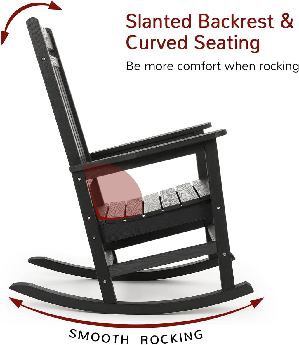 Stoog Patio Rocking Chair, All-Weather Porch Rocker, 400 lbs Weight Support, Never Fade or Rot, for Backyard, Fire Pit, Lawn and Garden, Black