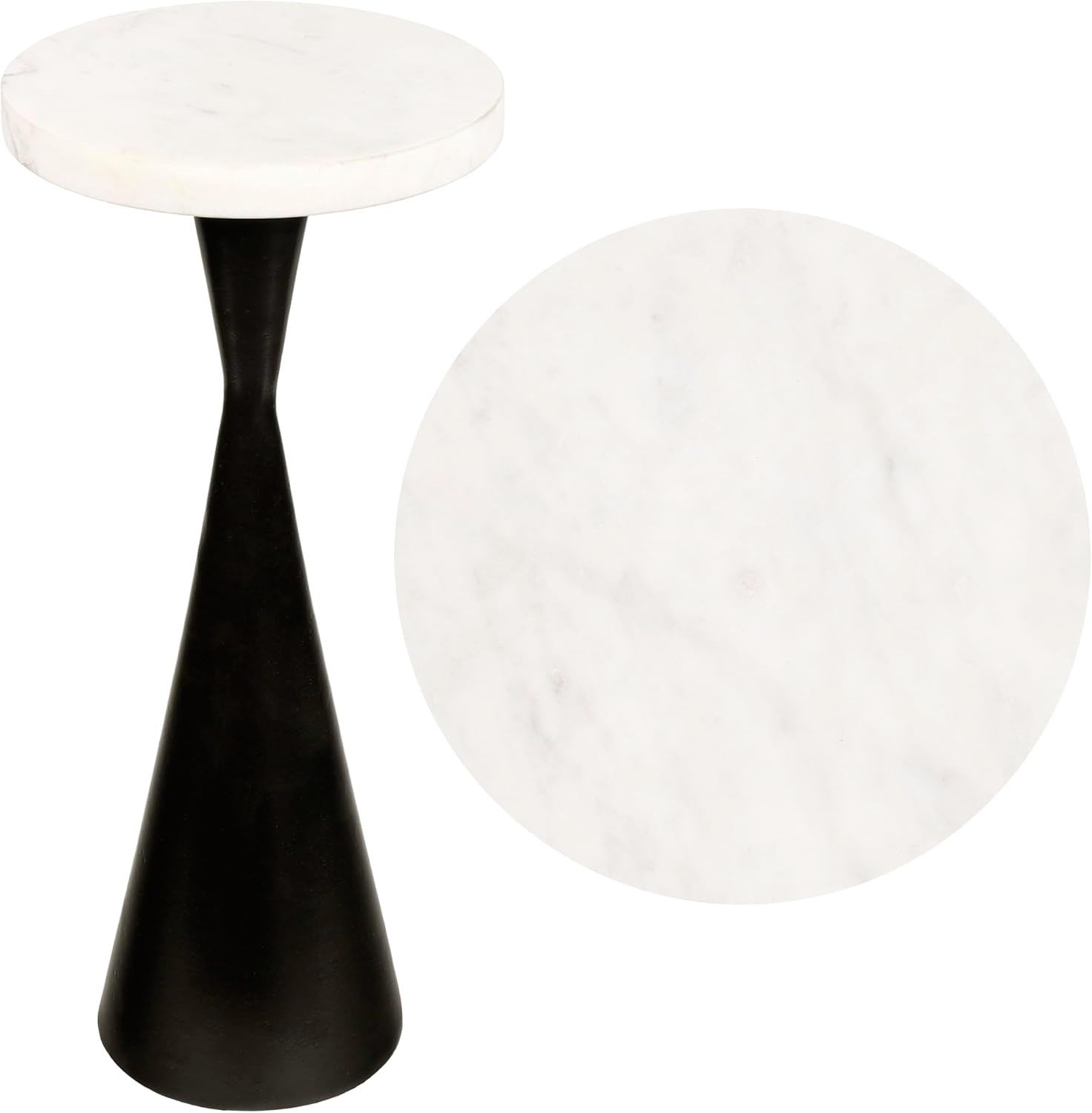 Eyely DNE4003B Liv 22" Designer Metal Drink Table and Decorative End Table w/White Marble Round Top and Cone Pedestal Base for Living Room, Bedroom, Antique Black