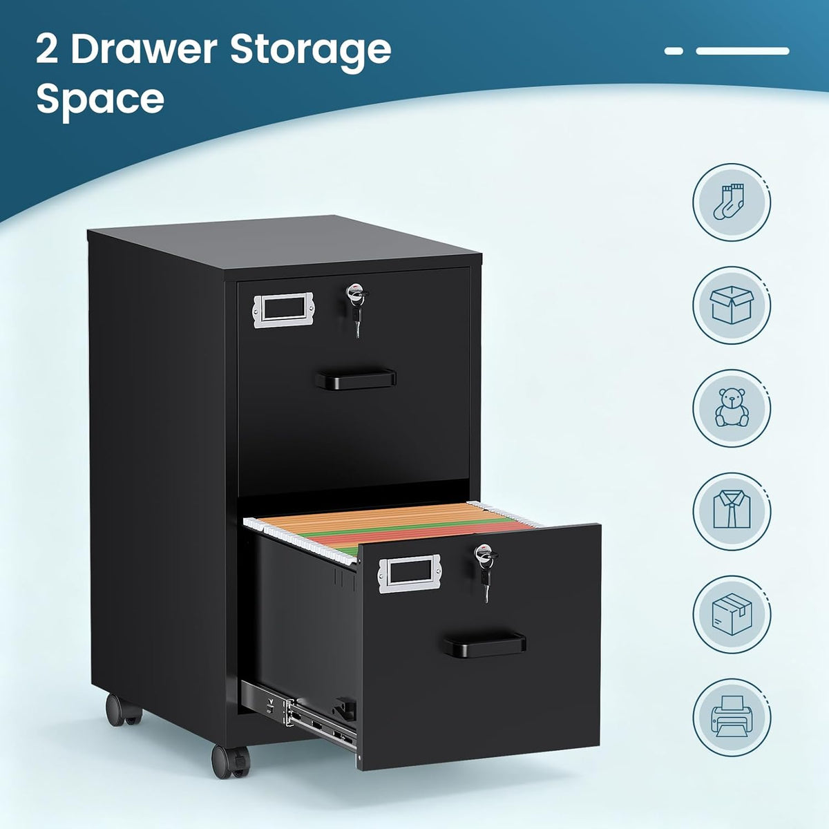 MIIIKO 2 Drawer File Cabinet with Lock, Vertical Metal Filing Cabinets for Home Office, Lockable Storage File Cabinets Under Desk, A4/Letter File Folders(Black)-Assembly Required