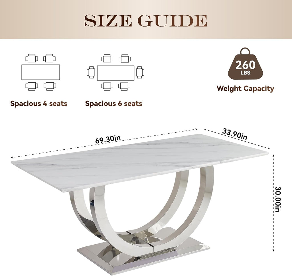 69.3" White Marble Dining Table for 6-8, Luxury Rectangular Kitchen Table with Silver Double U-Shape Stainless Steel Base, Modern Large Faux Marble Dining Room Table for Kitchen Living Room