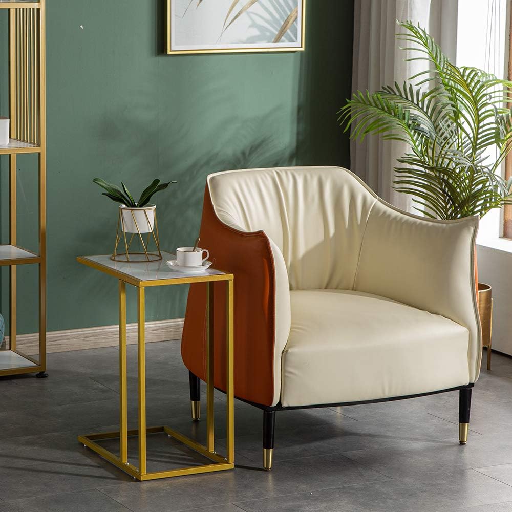 Marble Simple C-Side Table, C-Shaped Side Table for Couch - Small Coffee Stand Sofa Tray Desk with Metal Frame, Modern End Accent for Living Room, Bedroom, Small Spaces,Golden
