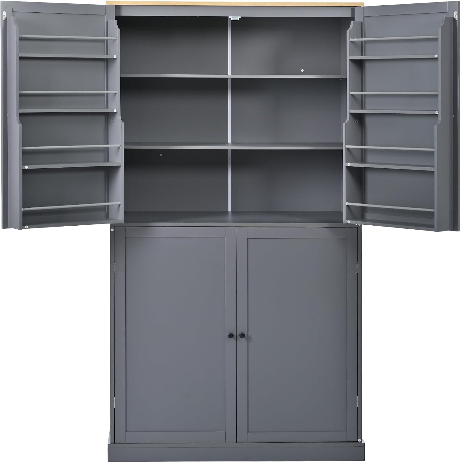 Kitchen Pantry Cabinet with Storage Drawers and 2 Adjustable Shelves, Freestanding Tall Cabinet with 8 Door Shelves, High Freestanding Kitchen Pantry, Gray